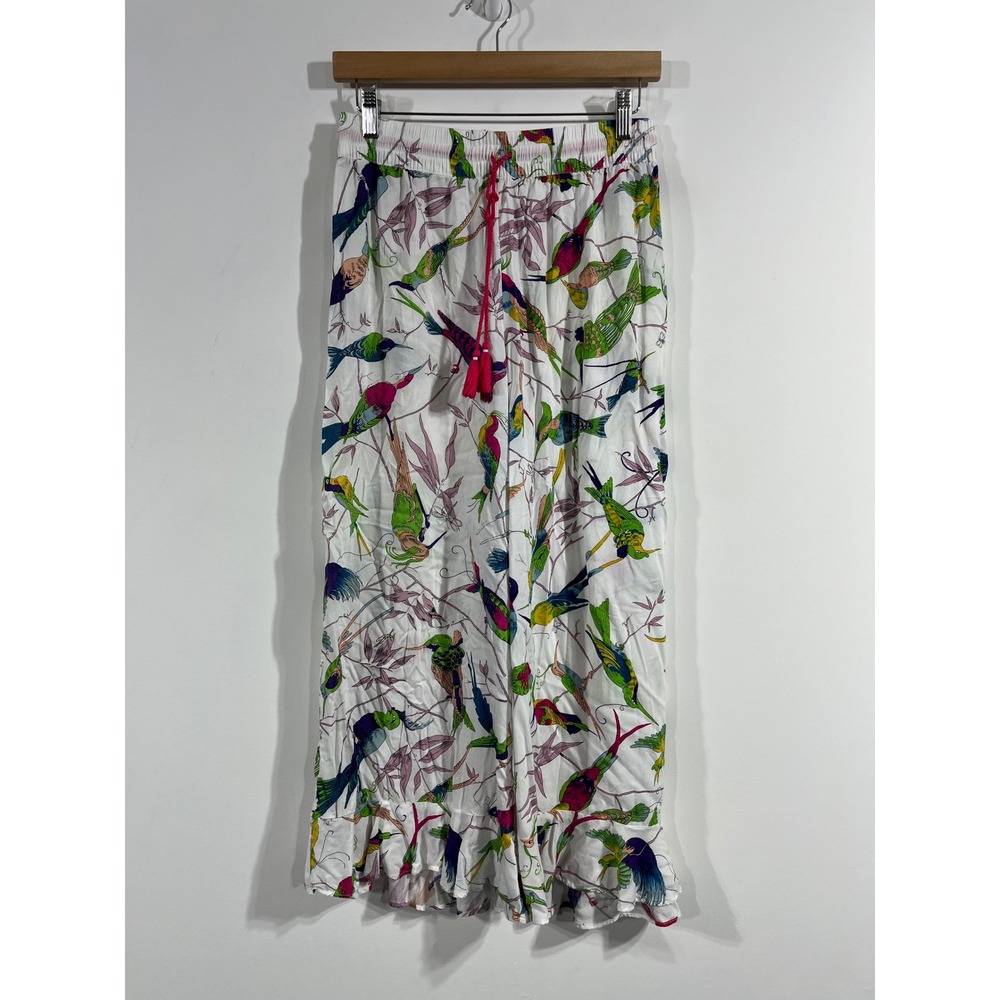 Floreat Anthropologie Tropical Bird Print Wide Leg Ruffle Pants Boho Womens XS